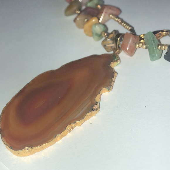 Vintage Druzy Orange Agate Stone Pendant Semi Precious Stones Beaded Necklace - Picture 5 of 6